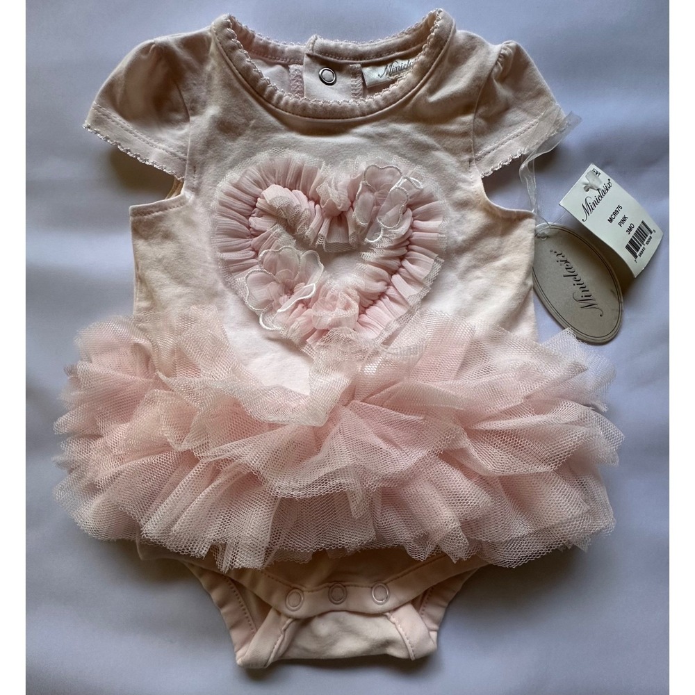 Miniclasix Baby Girl Pink Tutu Bodysuit Ruffle Heart MCR975 Size 3 Months NWT‎